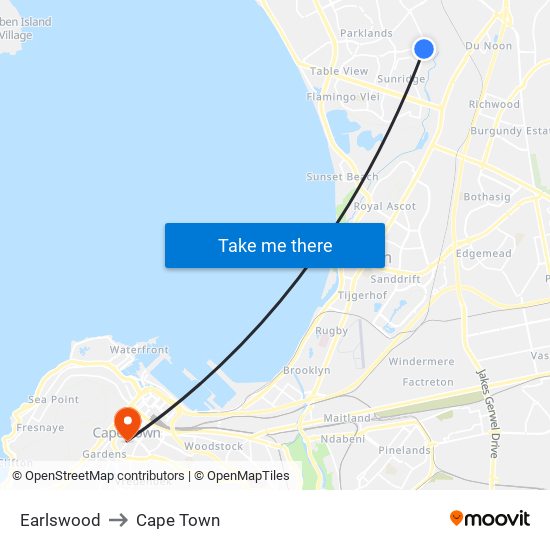 Earlswood to Cape Town map