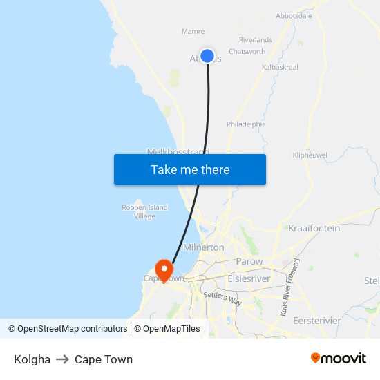 Kolgha to Cape Town map