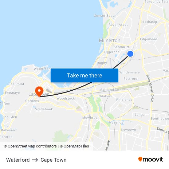 Waterford to Cape Town map