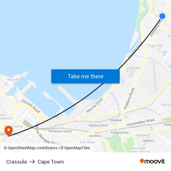 Crassula to Cape Town map