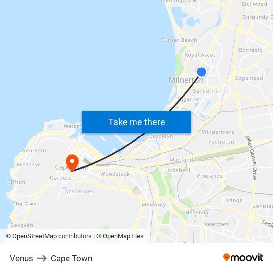 Venus to Cape Town map