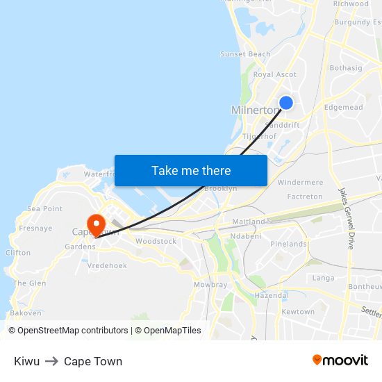 Kiwu to Cape Town map