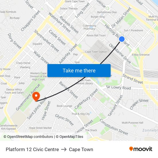 Platform 12 Civic Centre to Cape Town map