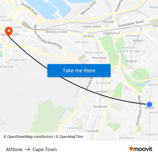 Athlone to Cape Town map