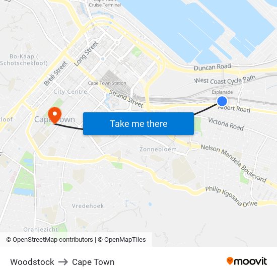 Woodstock to Cape Town map