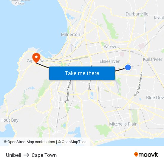 Unibell to Cape Town map