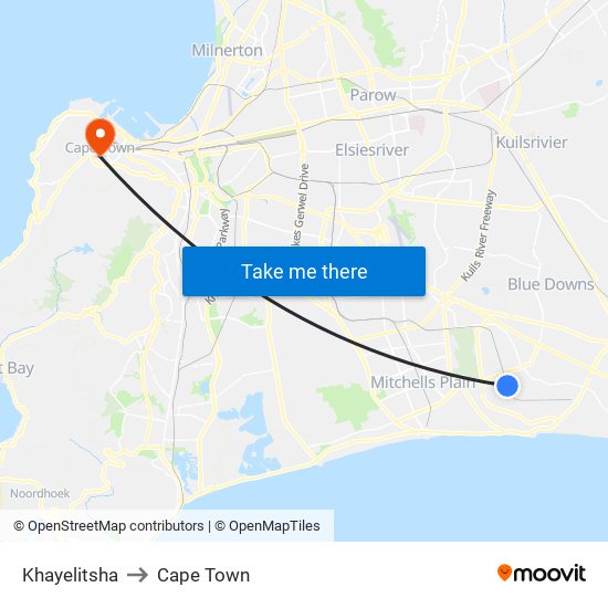 Khayelitsha to Cape Town map