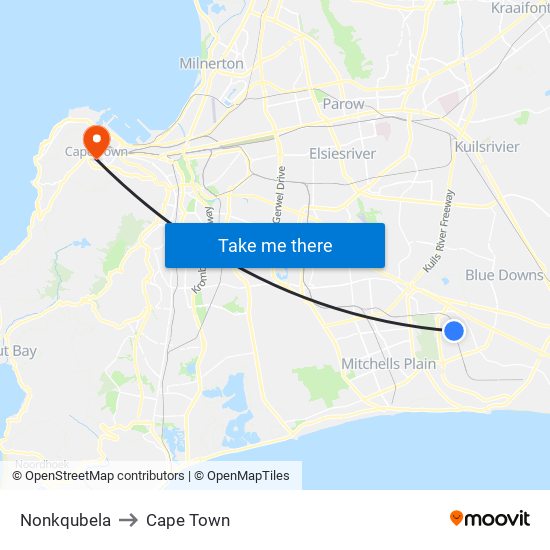Nonkqubela to Cape Town map