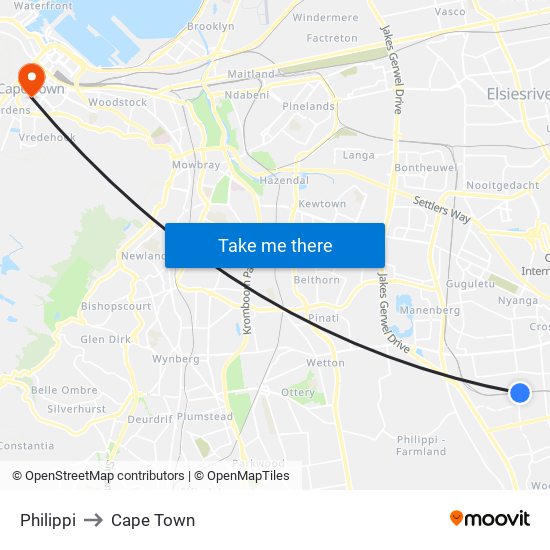 Philippi to Cape Town map