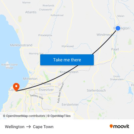 Wellington to Cape Town map