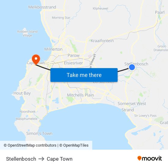 Stellenbosch to Cape Town map