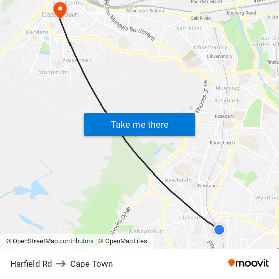 Harfield Rd to Cape Town map