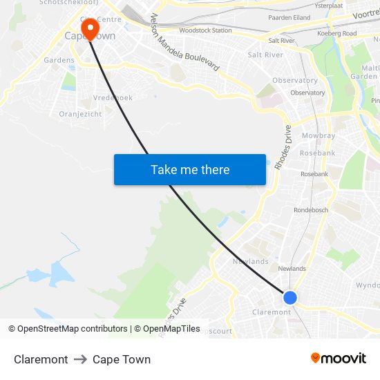 Claremont to Cape Town map