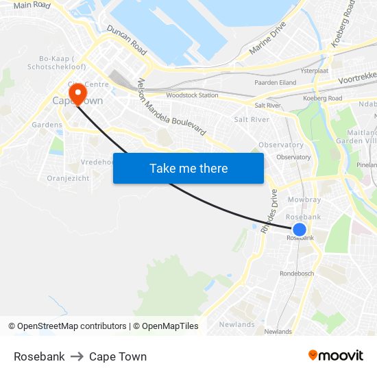 Rosebank to Cape Town map