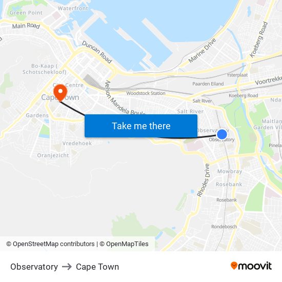 Observatory to Cape Town map