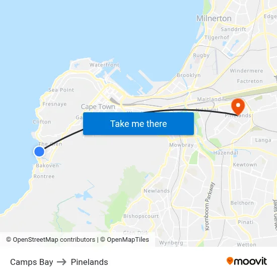 Camps Bay to Pinelands map