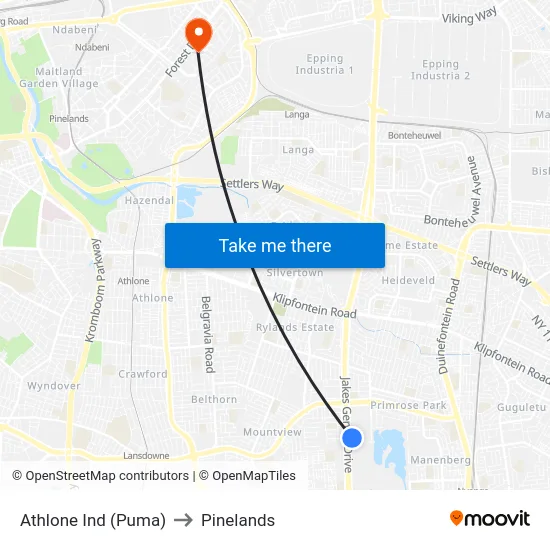 Athlone Ind (Puma) to Pinelands map
