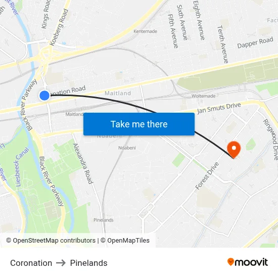 Coronation to Pinelands map