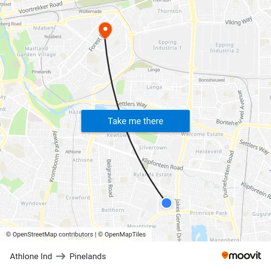 Athlone Ind to Pinelands map
