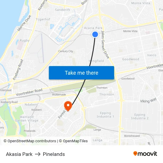 Akasia Park to Pinelands map