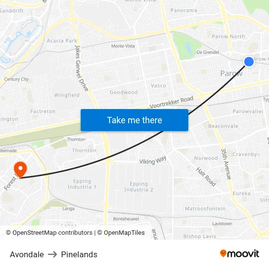 Avondale to Pinelands map
