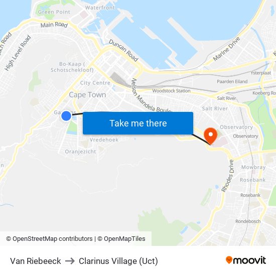 Van Riebeeck to Clarinus Village (Uct) map