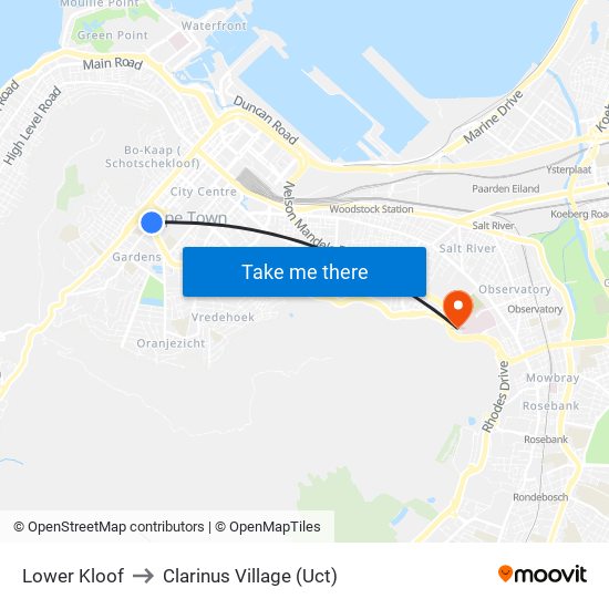 Lower Kloof to Clarinus Village (Uct) map