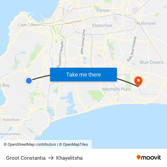 Groot Constantia to Khayelitsha map