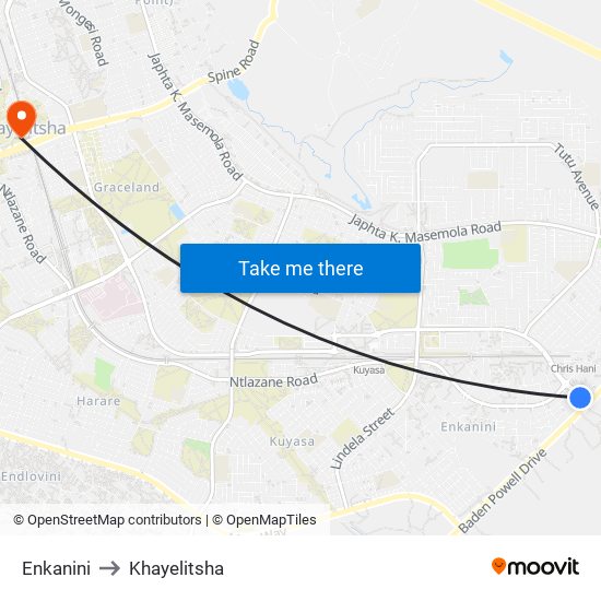 Enkanini to Khayelitsha map