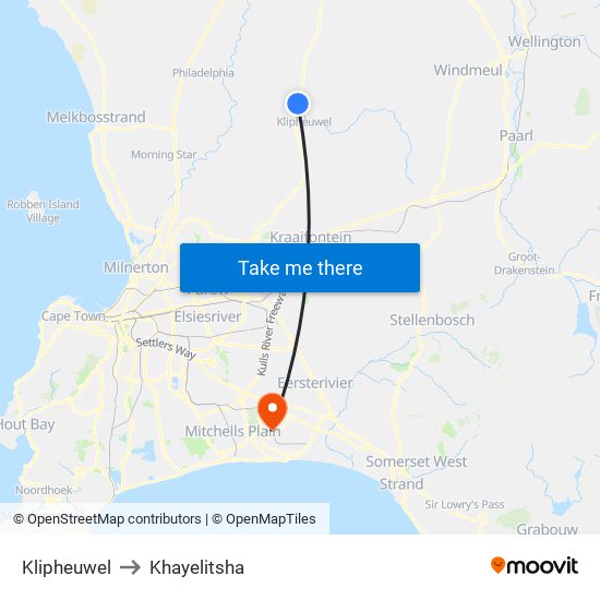 Klipheuwel to Khayelitsha map