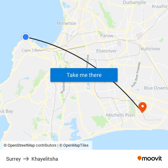 Surrey to Khayelitsha map