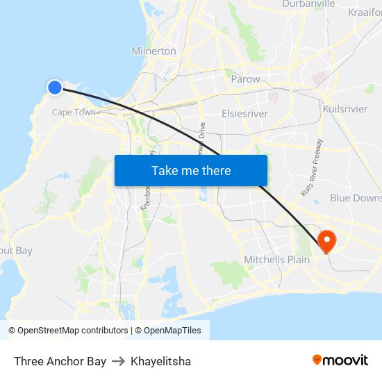 Three Anchor Bay to Khayelitsha map