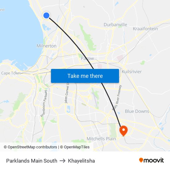 Parklands Main South to Khayelitsha map