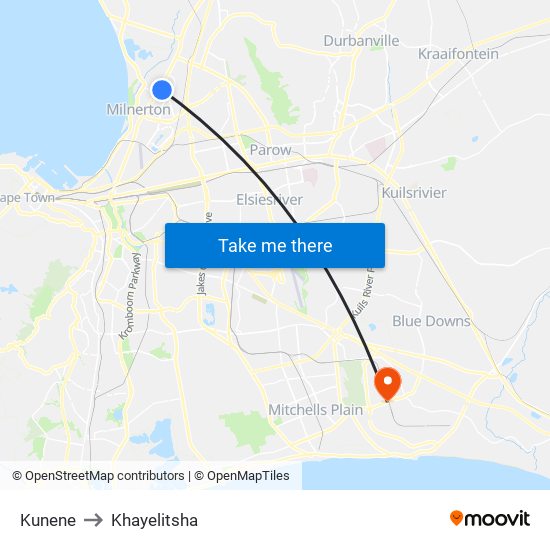 Kunene to Khayelitsha map