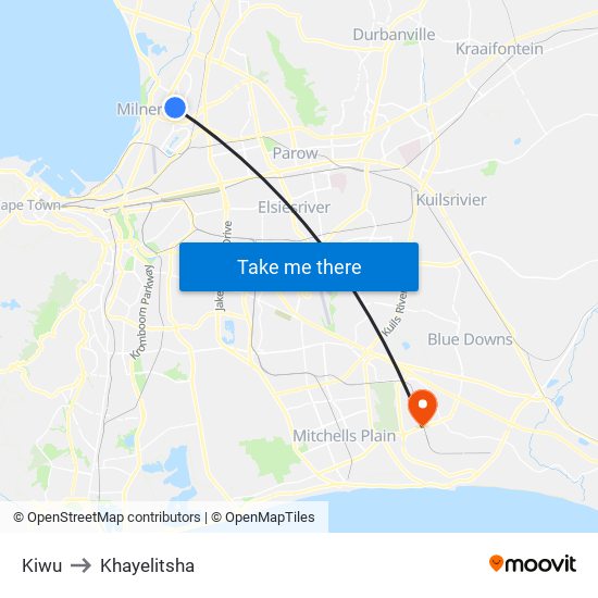 Kiwu to Khayelitsha map