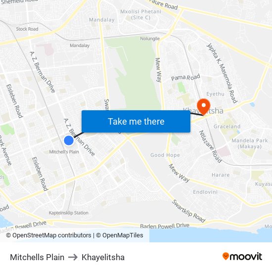 Mitchells Plain to Khayelitsha map