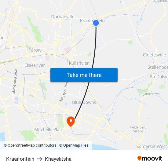 Kraaifontein to Khayelitsha map