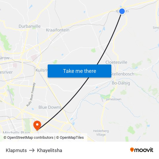 Klapmuts to Khayelitsha map