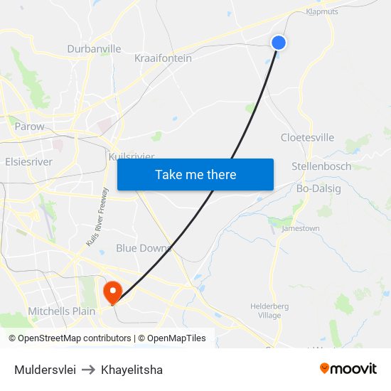 Muldersvlei to Khayelitsha map