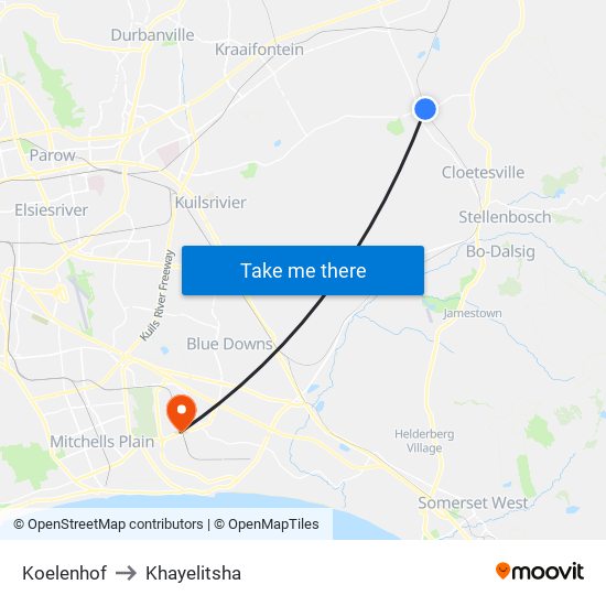 Koelenhof to Khayelitsha map