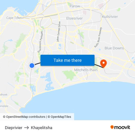 Dieprivier to Khayelitsha map