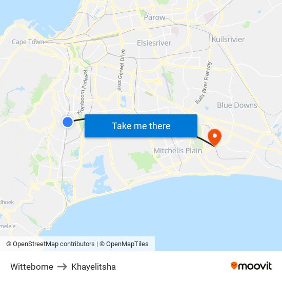 Wittebome to Khayelitsha map