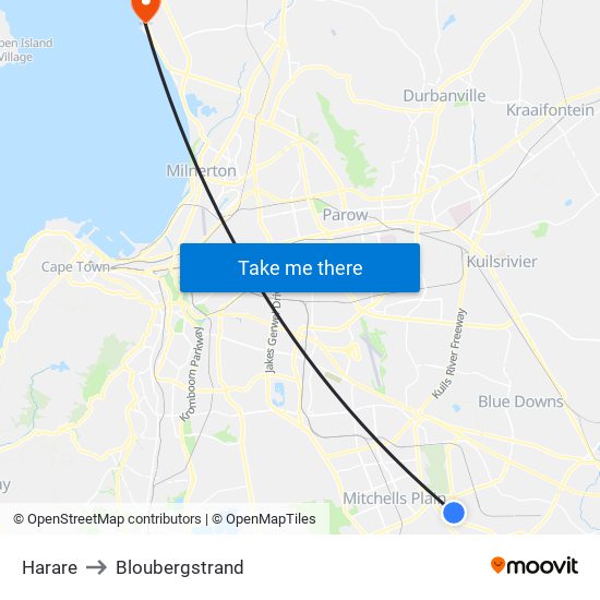 Harare to Bloubergstrand map
