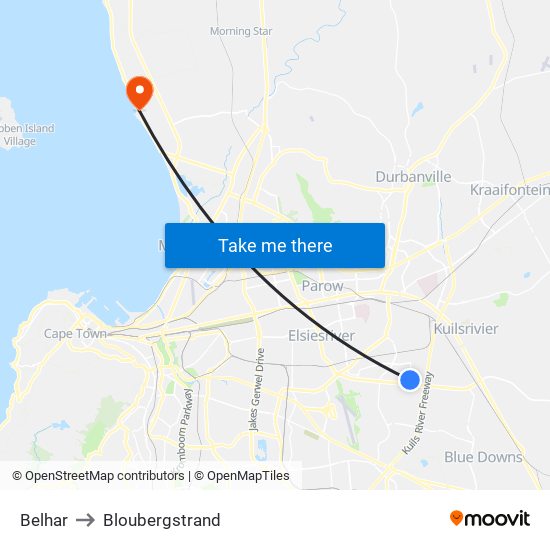 Belhar to Bloubergstrand map