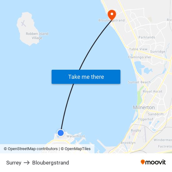 Surrey to Bloubergstrand map