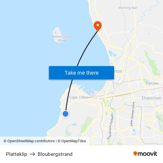 Platteklip to Bloubergstrand map