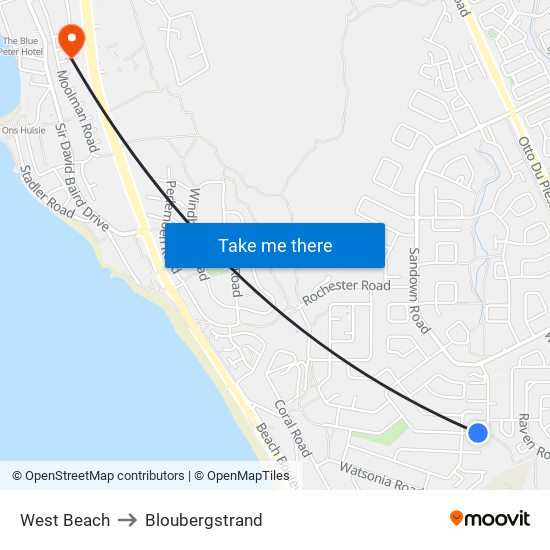 West Beach to Bloubergstrand map