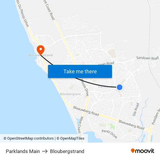 Parklands Main to Bloubergstrand map