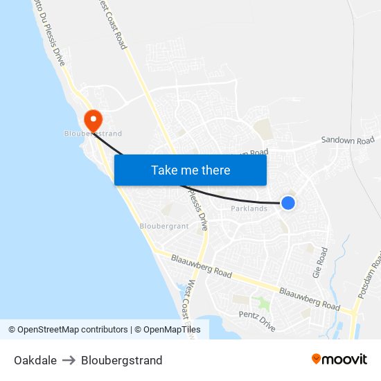 Oakdale to Bloubergstrand map