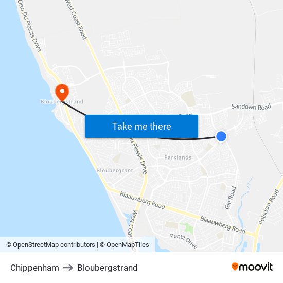 Chippenham to Bloubergstrand map